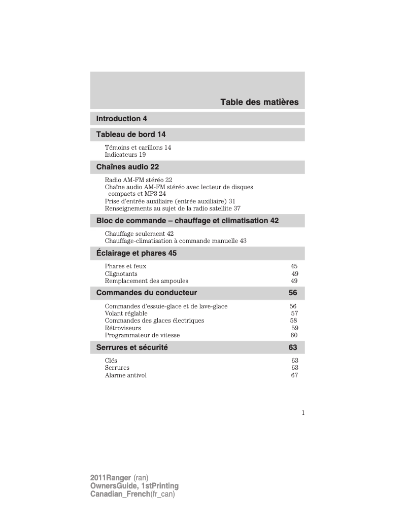 Page 1 of the manual User Manual Ford Ranger (2011)