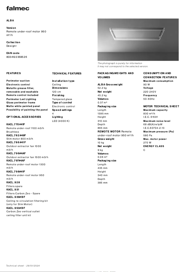 Page 1 of the manual Technical Sheet Falmec Alba