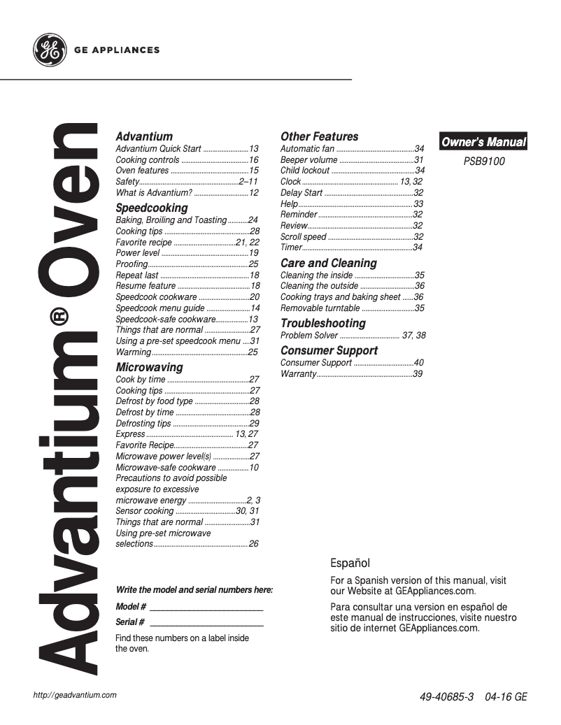 Page 1 of the manual Use and Maintenance Manual GE Profile PSB9100DFWW