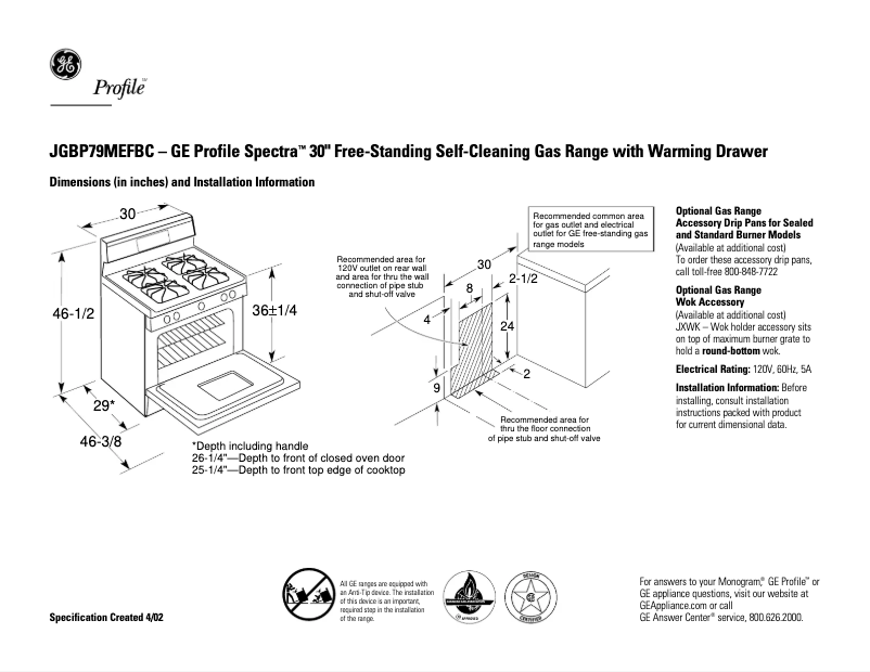 Page 1 of the manual Technical Sheet GE Profile JGBP79MEFBC
