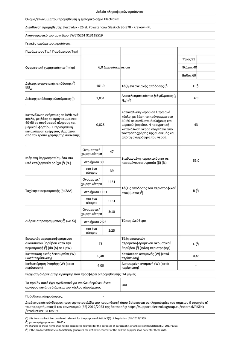 Page 1 of the manual Technical Sheet Electrolux EW6T5261