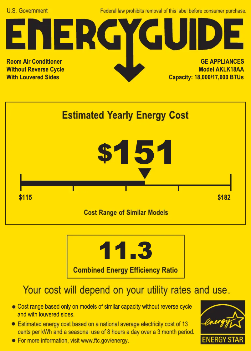 Page 1 of the manual Energy Label GE AKLK18AA