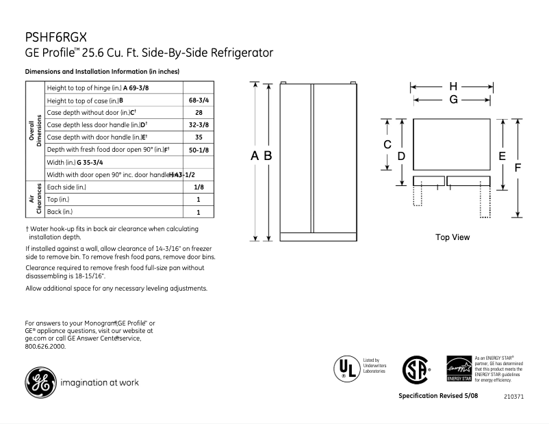 Page 1 of the manual Technical Sheet GE Profile PSHF6RGXCC