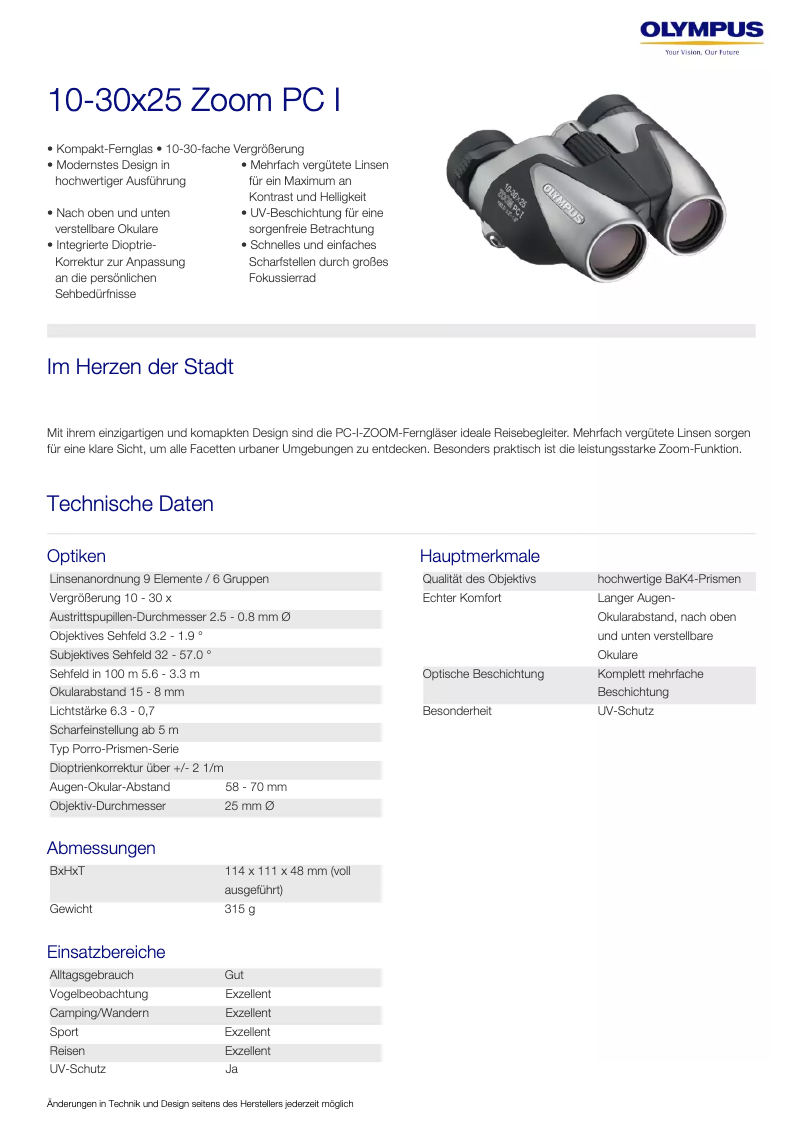 Page 1 of the manual Technical Sheet Olympus 10-30x25 Zoom PC I
