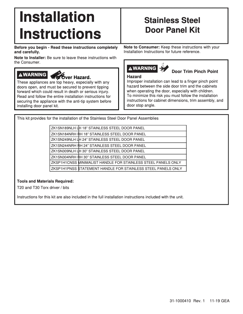 Page 1 of the manual User Manual Monogram ZK1SN249NLH