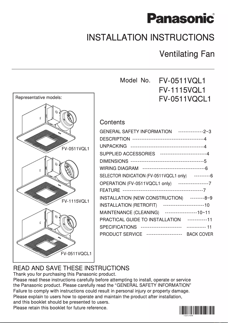 Page 1 of the manual User Manual Panasonic FV-0511VQC1