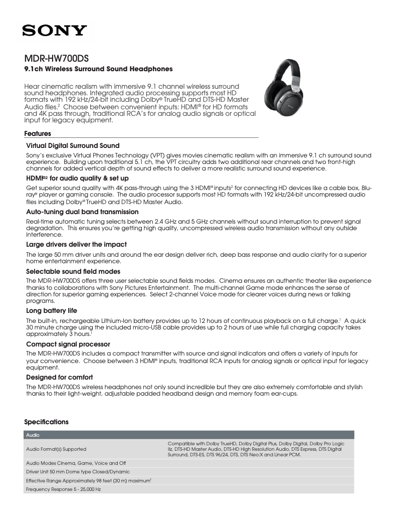 Page 1 of the manual Technical Sheet Sony MDR-HW700DS