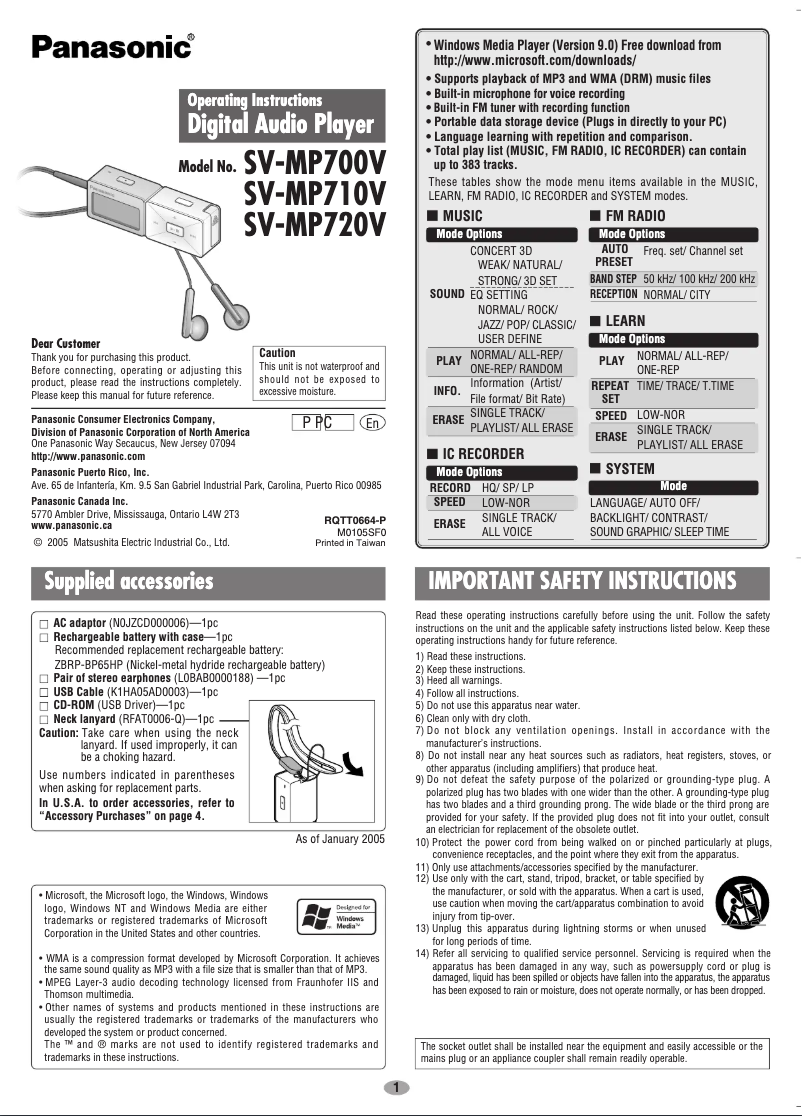 Page 1 of the manual User Manual Panasonic SV-MP700V