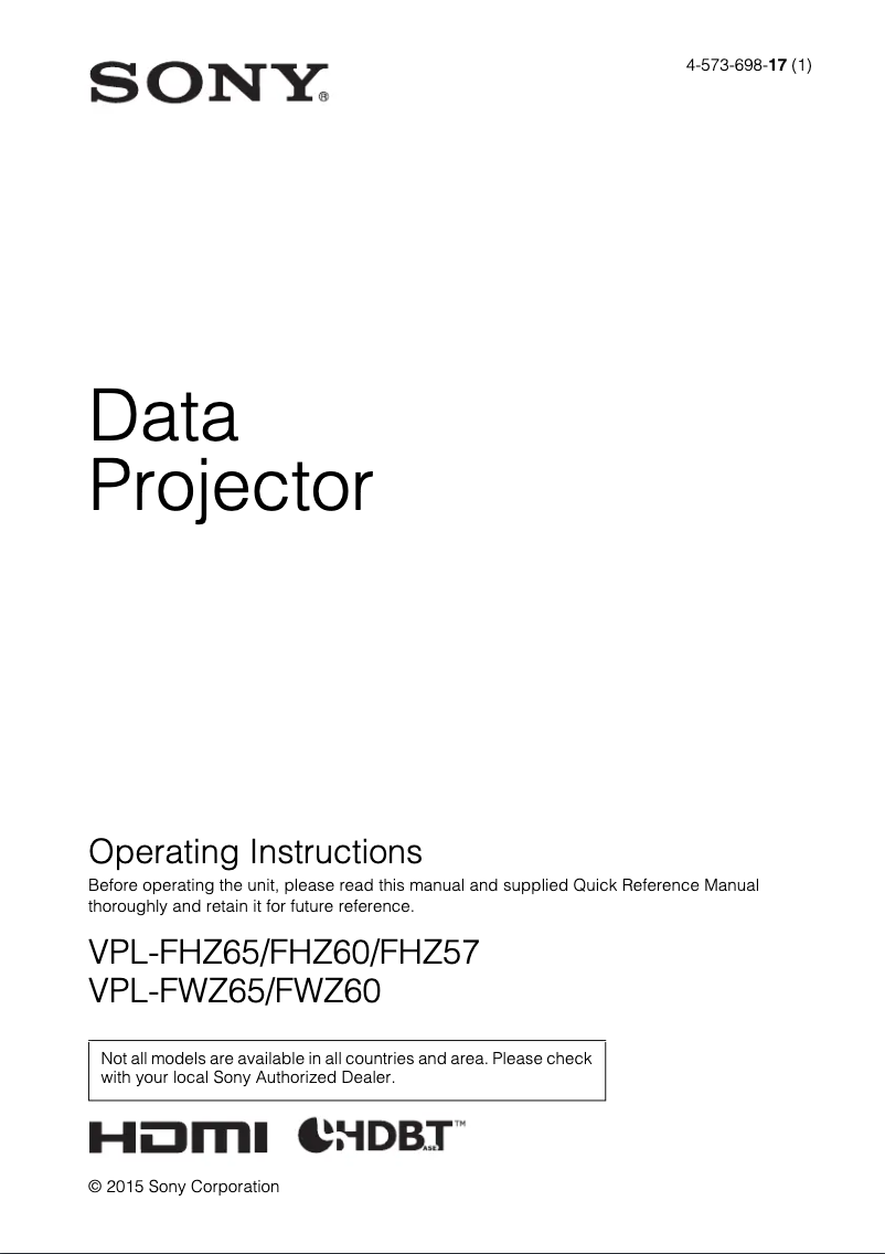 First page image of the manual for VPL-FHZ60