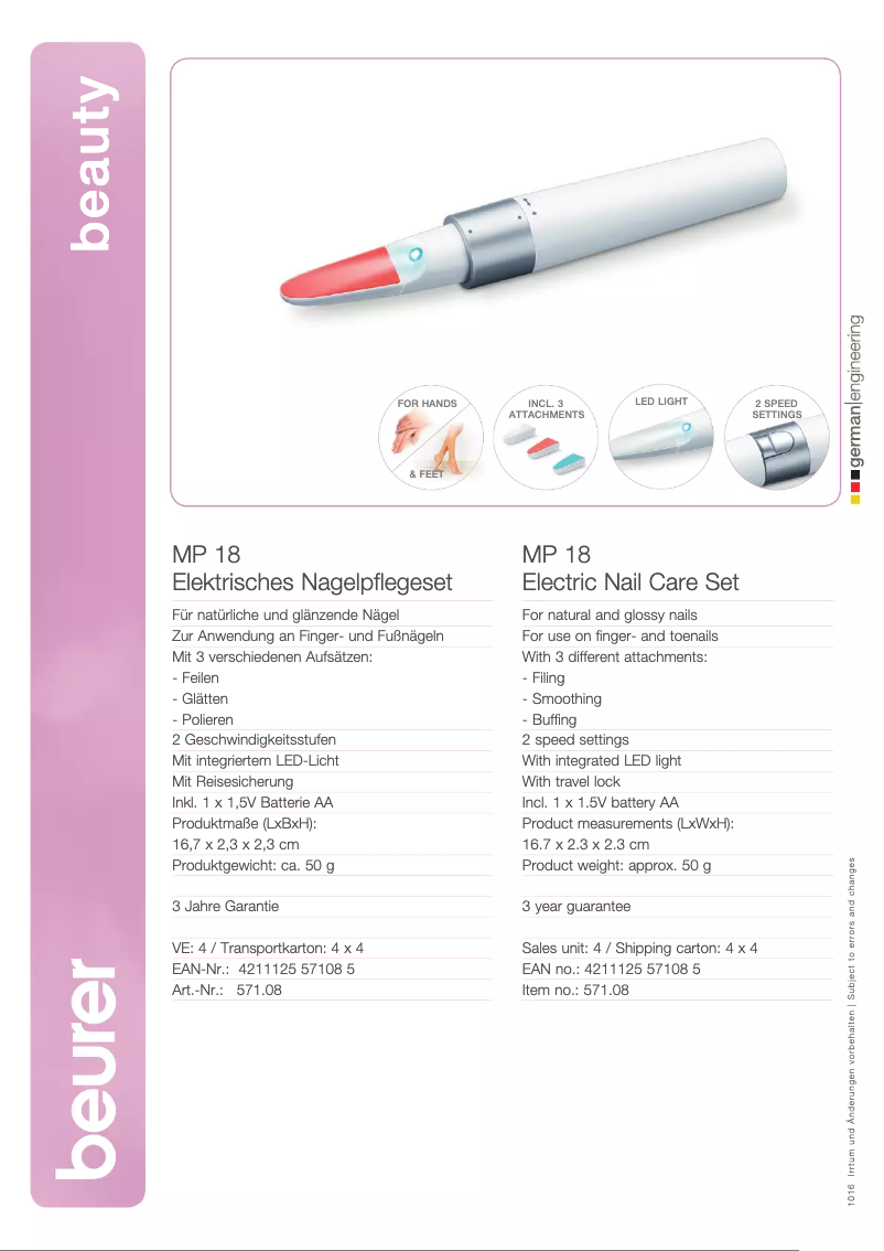 Page 1 of the manual Technical Sheet Beurer MP 18