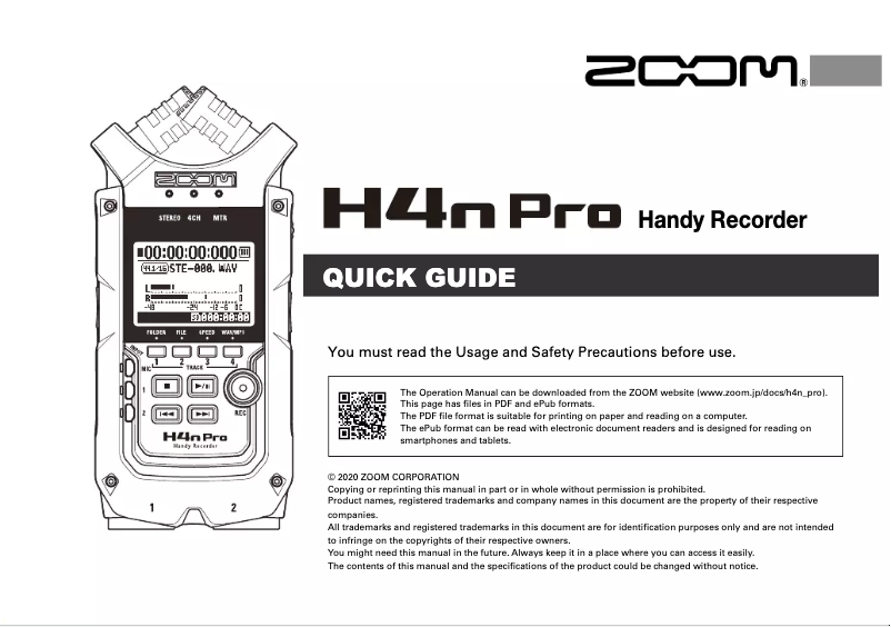 First page image of the manual for H4n Pro