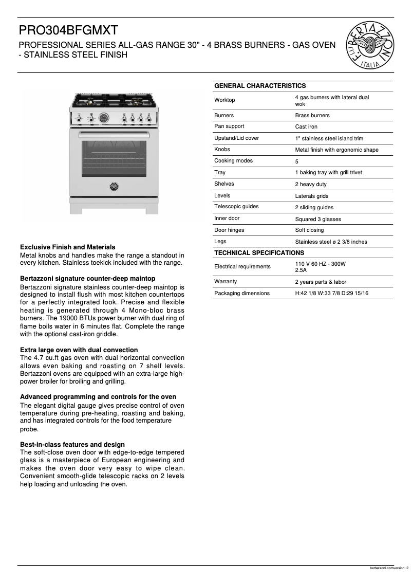 Page 1 of the manual Technical Sheet Bertazzoni PRO304BFGMXT
