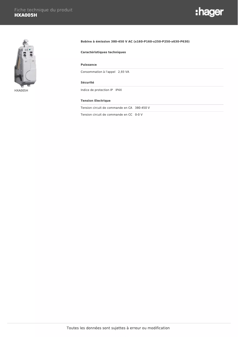 Page 1 of the manual Technical Sheet Hager HXA005H