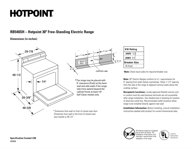 Page 1 of the manual Technical Sheet Hotpoint RB540SHSA