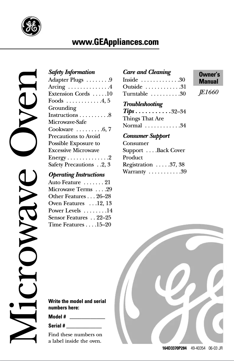 First page image of the manual for Profile JE1660WB