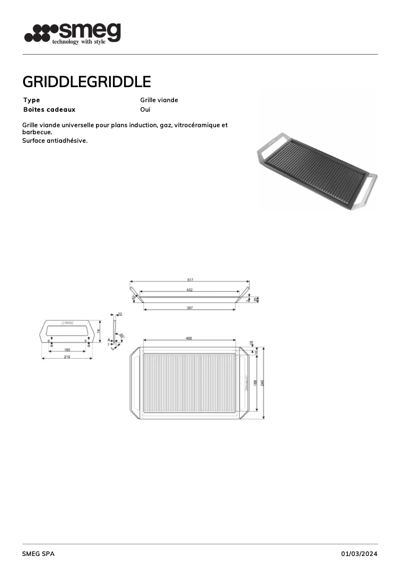 Page 1 of the manual Technical Sheet Smeg GRIDDLE