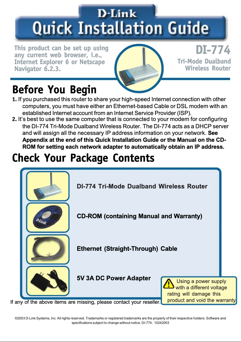 Page 1 of the manual Installation Guide D-Link DI-774