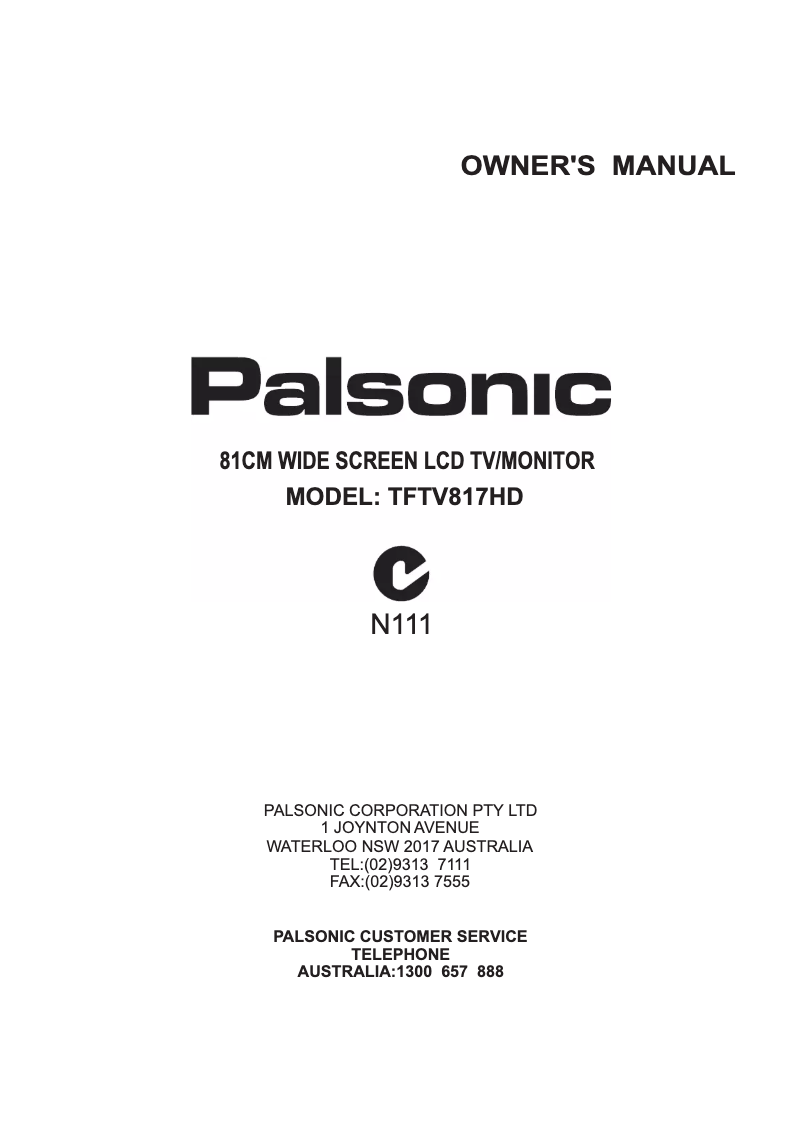 Page 1 of the manual User Manual Palsonic TFTV817HD