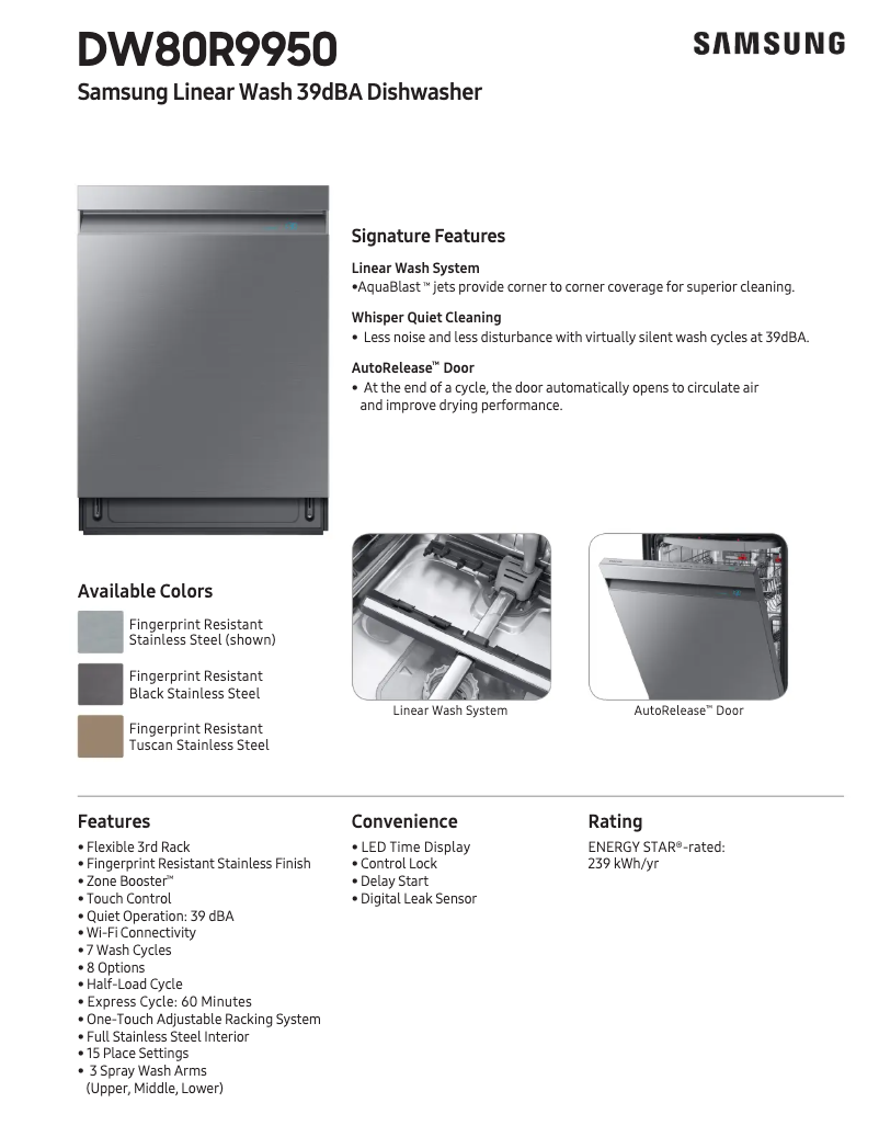 Page 1 of the manual Technical Sheet Samsung DW80R9950UG