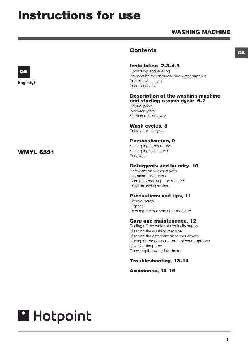 Page 1 of the manual User Manual Hotpoint Ariston WMYL6551