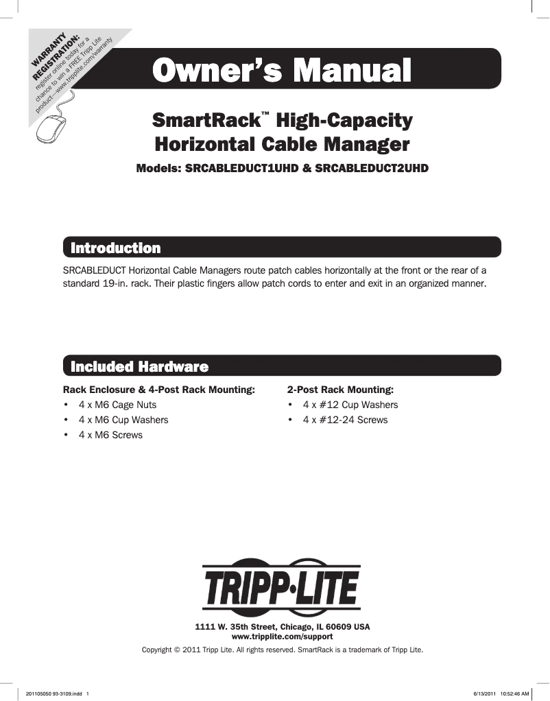 First page image of the manual for SmartRack SRCABLEDUCT2UHD