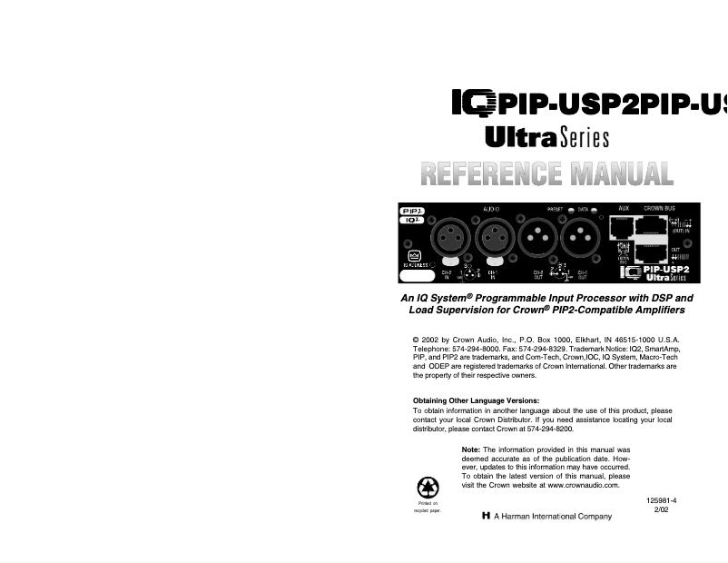 Page 1 of the manual User Manual Crown IQ-PIP-USP2