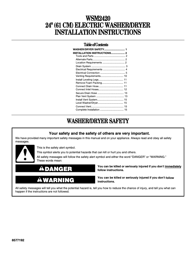 First page image of the manual for WSM2420TWW