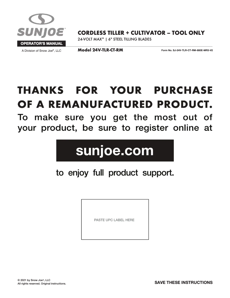 Page 1 of the manual User Manual Sun Joe 24V-TLR-CT-RM