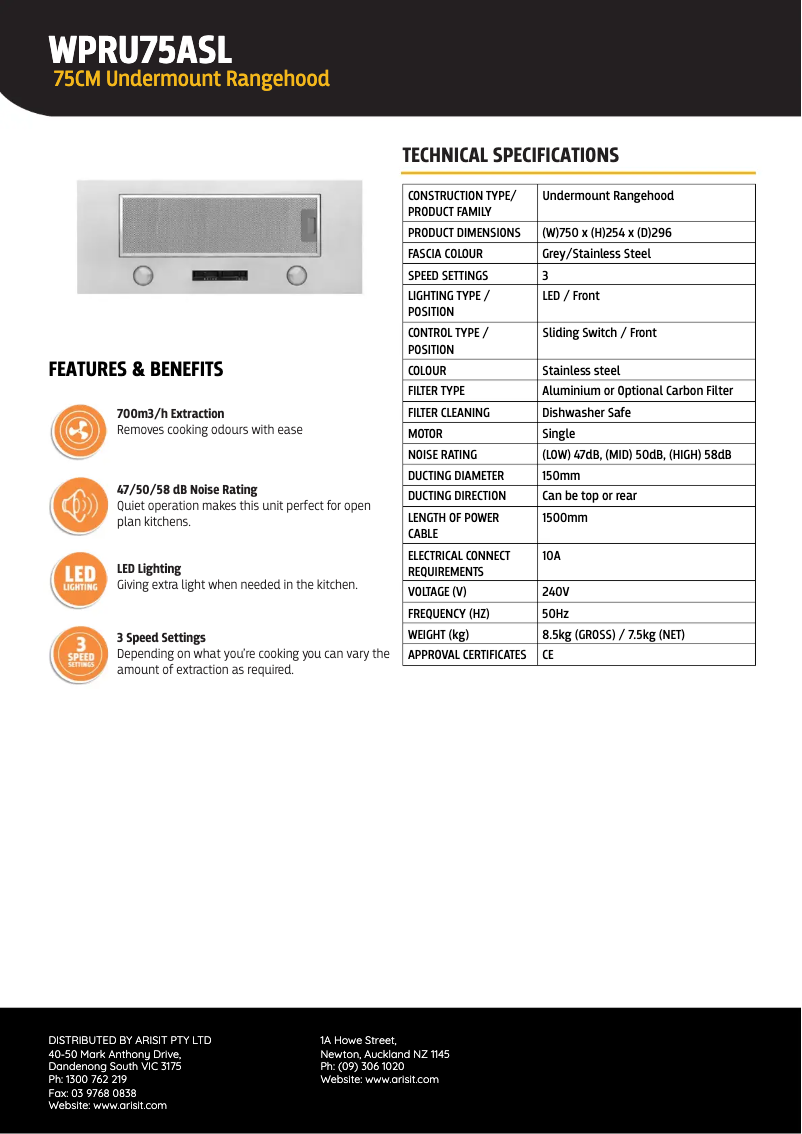 Page 1 of the manual Technical Sheet Tisira WPRU75ASL