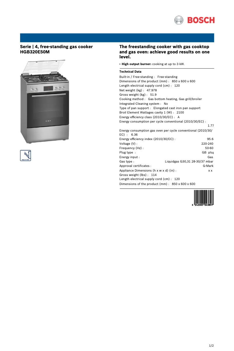 Page 1 of the manual Technical Sheet Bosch HGB320E50M