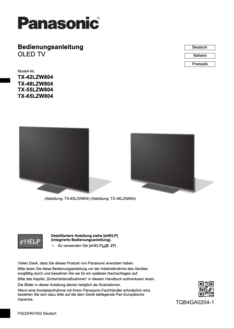 Page 1 of the manual Quick Start Guide Panasonic TX-55LZW804