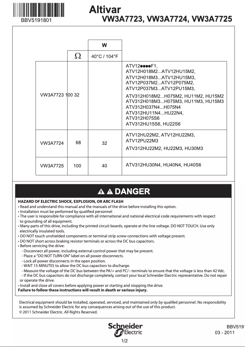 Page 1 of the manual User Manual Schneider VW3A7723