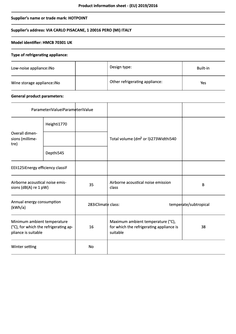 Page 1 of the manual Technical Sheet Hotpoint HMCB 70301 UK