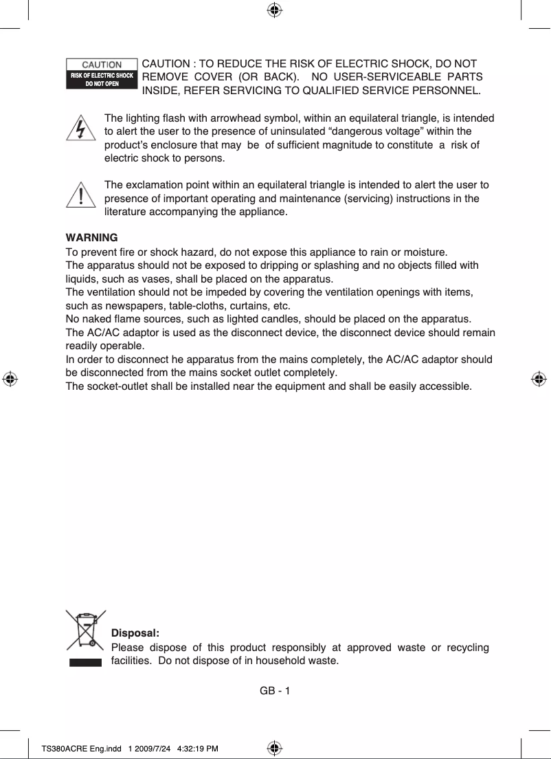 First page image of the manual for TS380