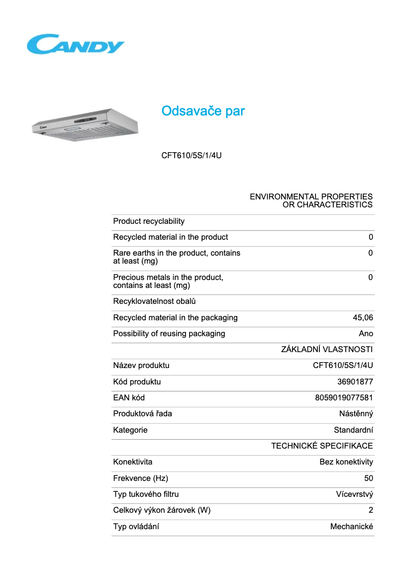 Page 1 of the manual Technical Sheet Candy CFT610/5S/1/4U