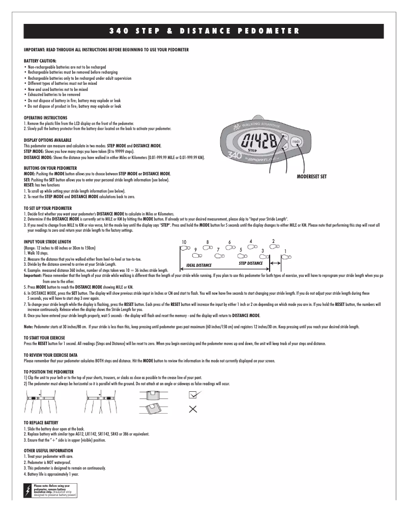 First page image of the manual for Distance 340
