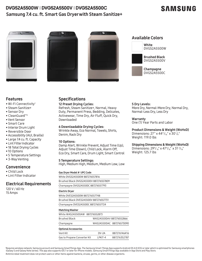 Page 1 of the manual Technical Sheet Samsung DVG52A5500W