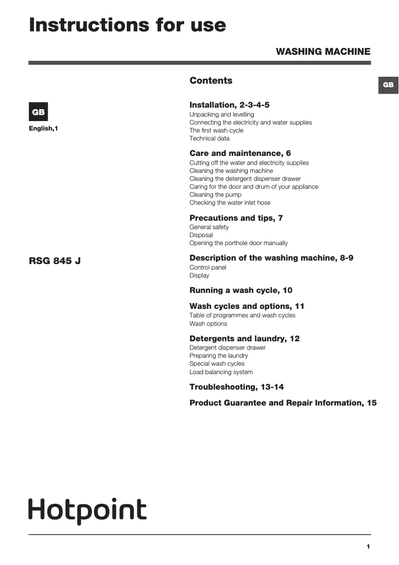 First page image of the manual for RSG 845 JKX UK