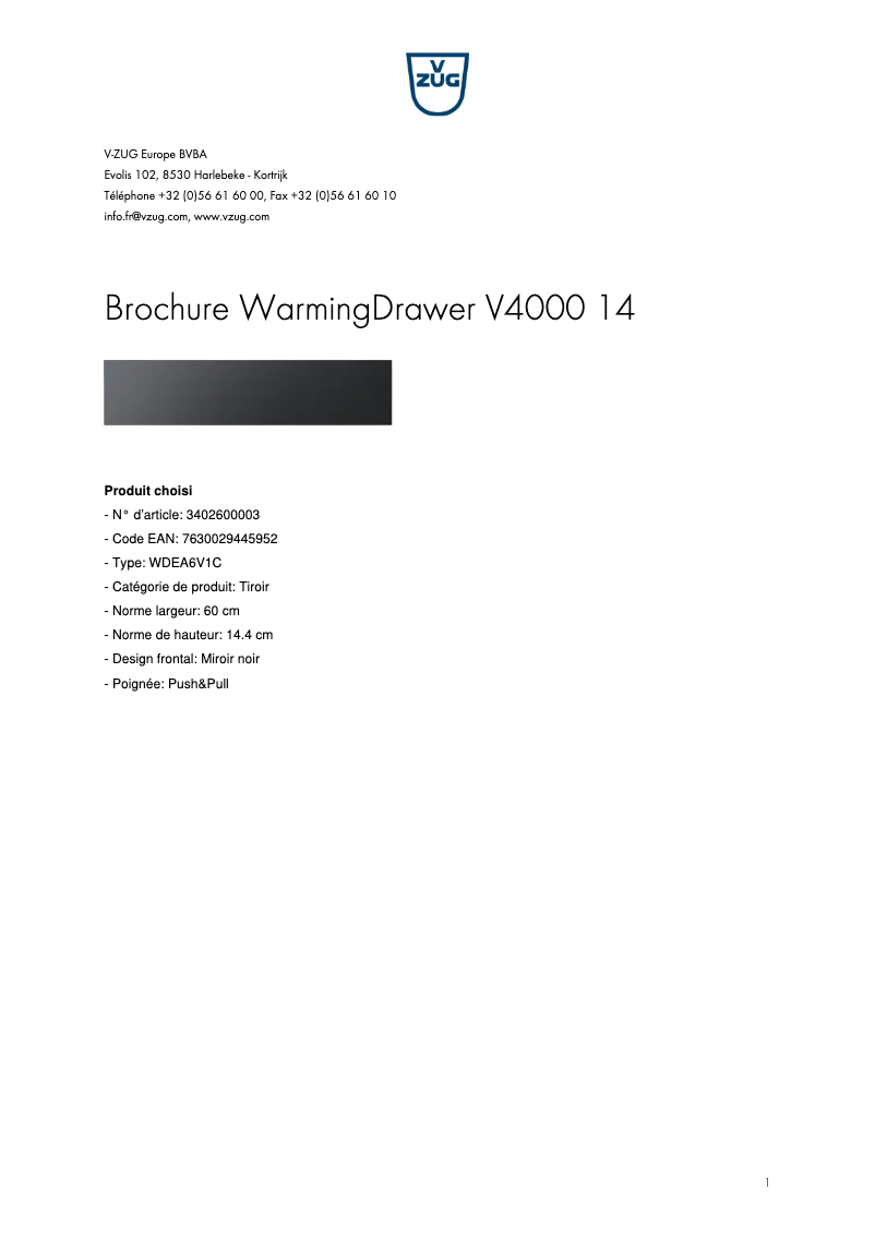 Page 1 of the manual Brochure V-Zug WarmingDrawer V4000 14