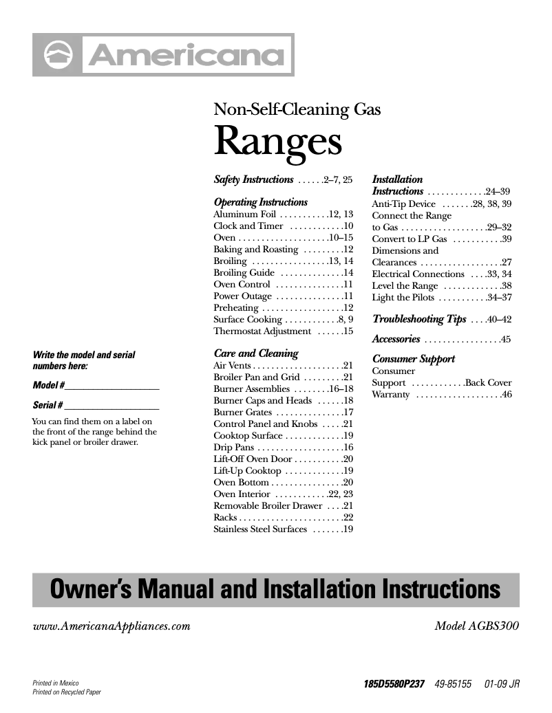 Page 1 of the manual User Manual Americana AGBS300PJWW