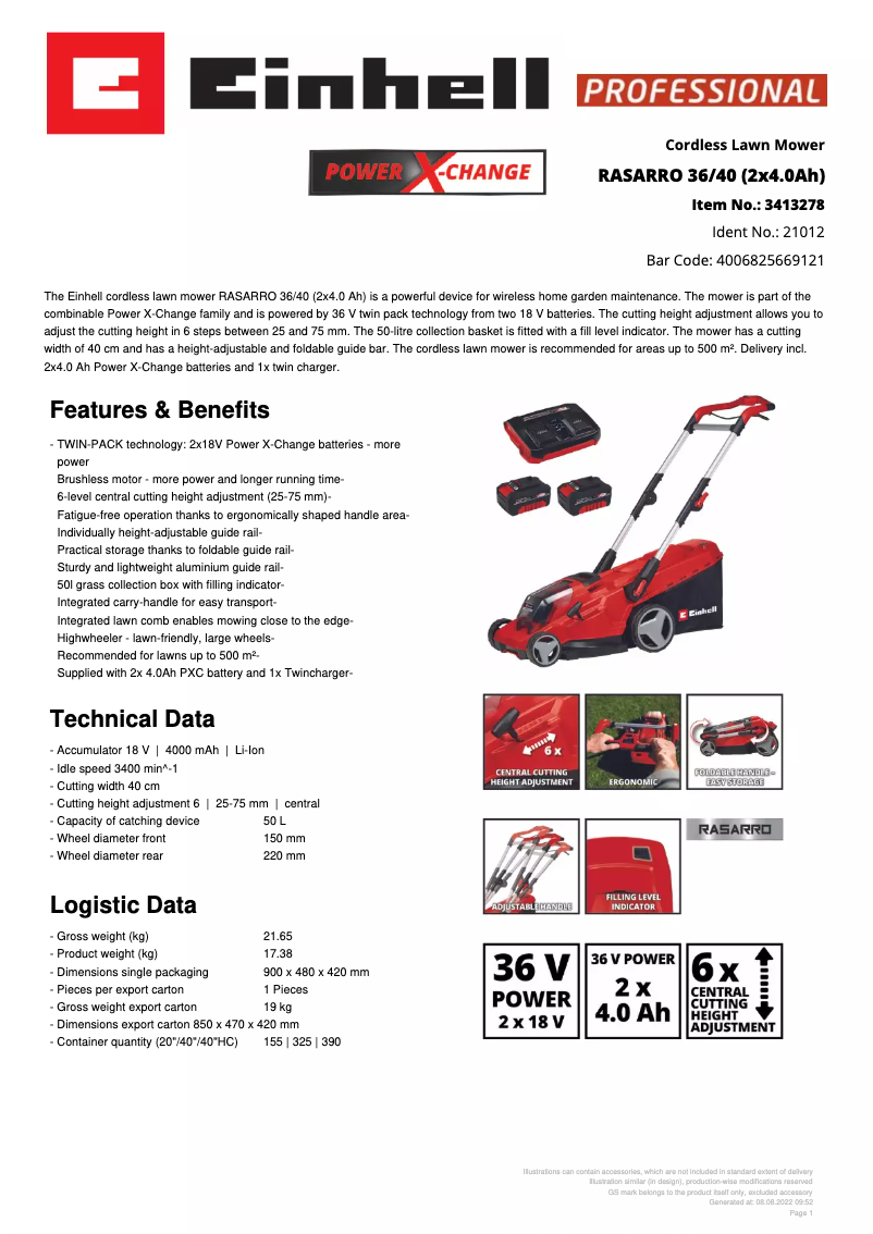 Page 1 of the manual Technical Sheet Einhell RASARRO 36/40