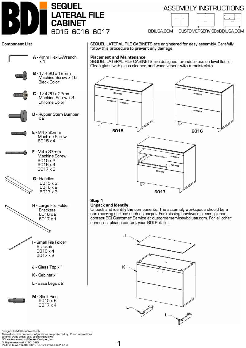 First page image of the manual for SEQUEL LATERAL FILE CABINET 6016