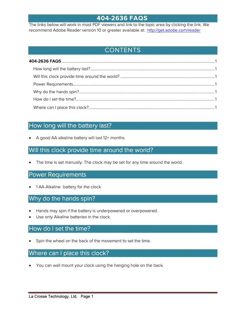 Page 1 of the manual FAQ La Crosse Technology 404-2636V2
