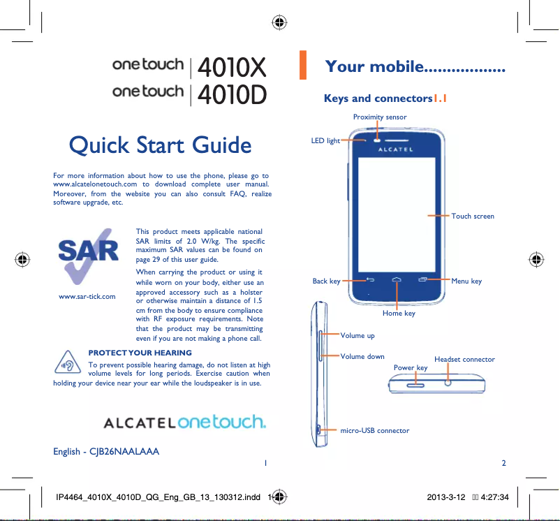 Page 1 de la notice Guide de démarrage rapide Alcatel One Touch 4010X