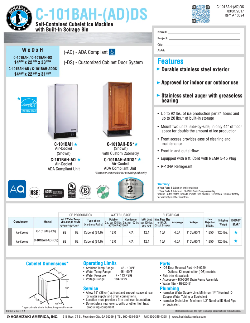 Page 1 of the manual Technical Sheet Hoshizaki C-101BAH-ADDS