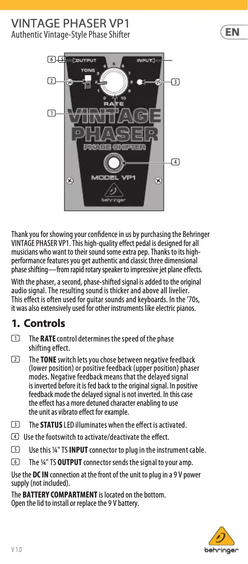 First page image of the manual for Vintage Phaser VP1