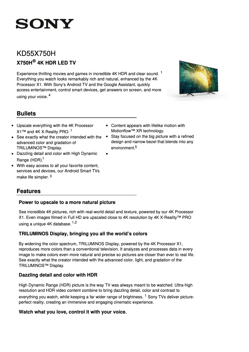 First page image of the manual for KD55X750H