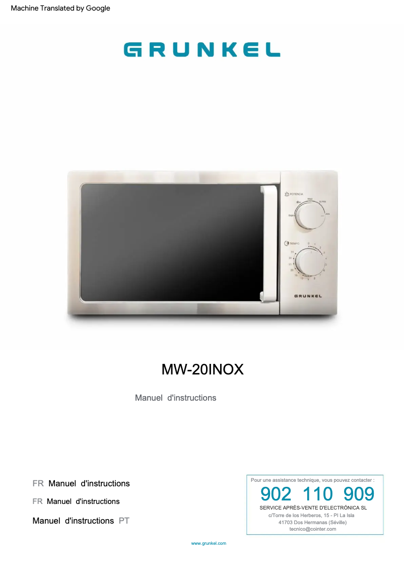 First page image of the manual for MW-20INOX