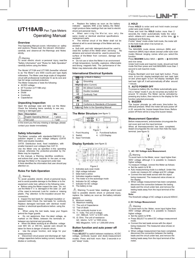 Page 1 of the manual User Manual Uni-T UT118B
