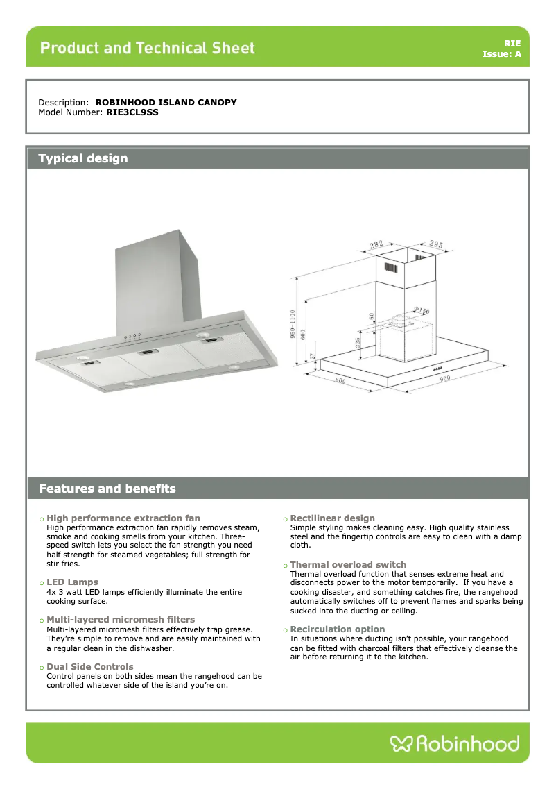Page 1 of the manual Technical Sheet Robinhood RIE3CL9SS